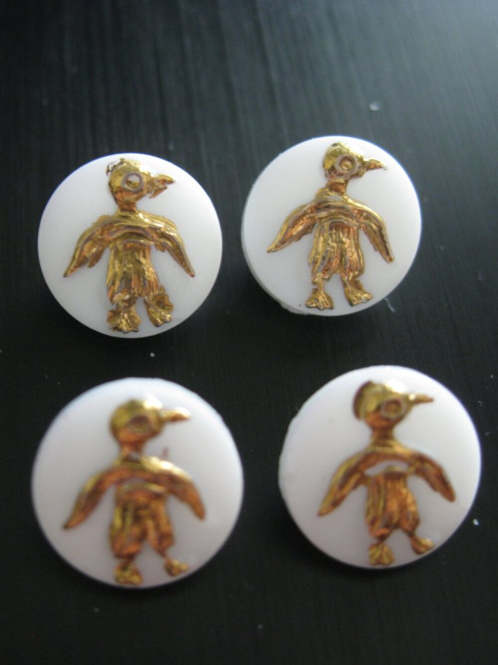 Set of 4 Glass Gold Tone Duck Kiddie Buttons 7/8" Vintage